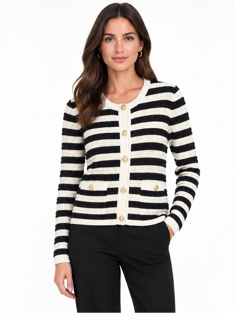 Ever New Black and White Striped Knit Cardigan with Gold Buttons